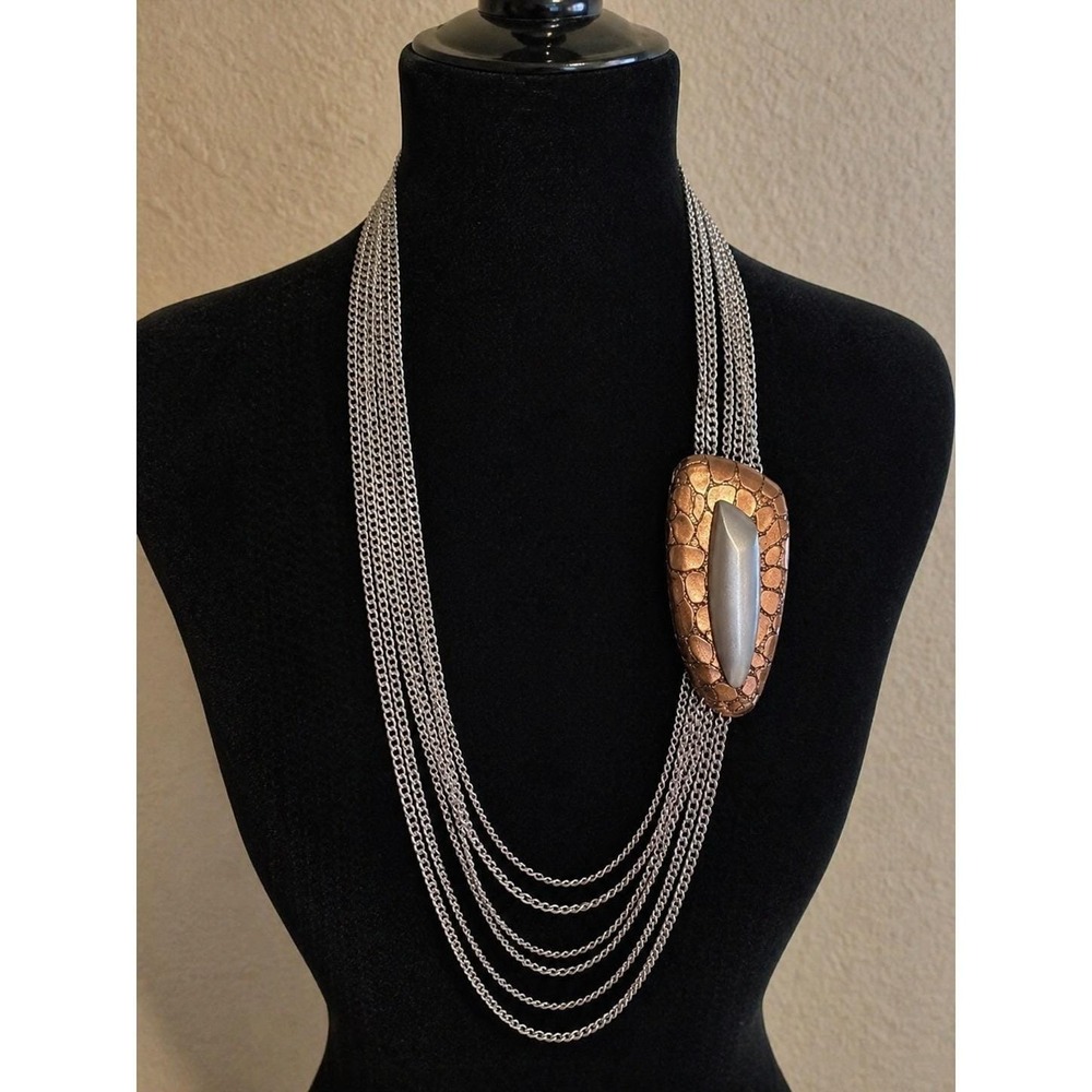 Vintage Monet Statement Necklace Silver Tone Copper Multi Strand Side Pendant